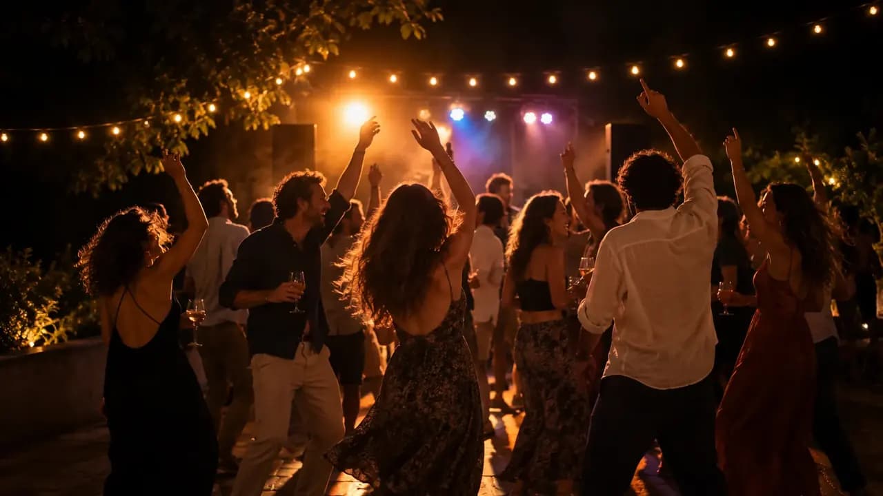 Tanzfläche mit Gästen, die unter Partylicht die Arme hochreißen (KI-generiertes Bild)