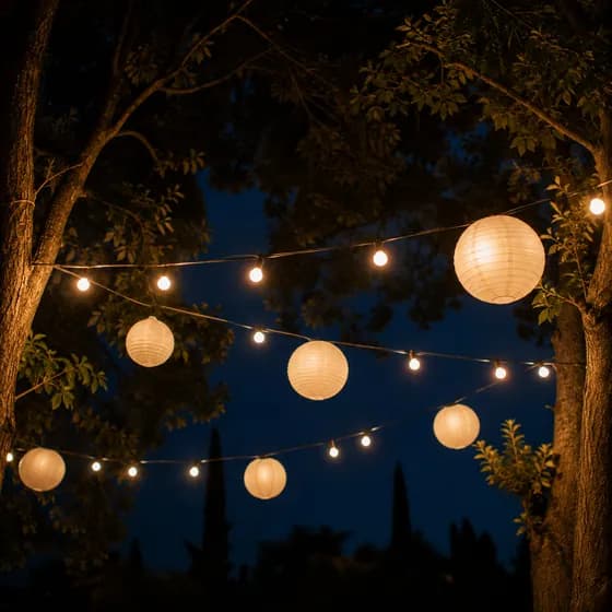 Laternen und Lichter, die in der Dämmerung zwischen Bäumen hängen