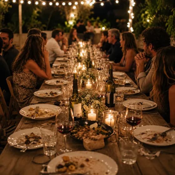 Lange Dinnertafel mit Kerzen und Gästen