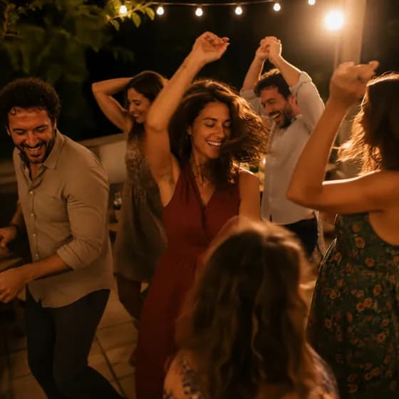 Freunde tanzen auf einer Party im Freien